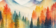 Watercolor mountain landscape wall mural with autumn forest in orange, yellow and teal, styled in modern bedroom.