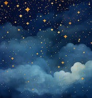 Starry night wall mural with golden stars and deep blue watercolor-style clouds.