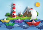 Paper boat and lighthouse wall mural image 1