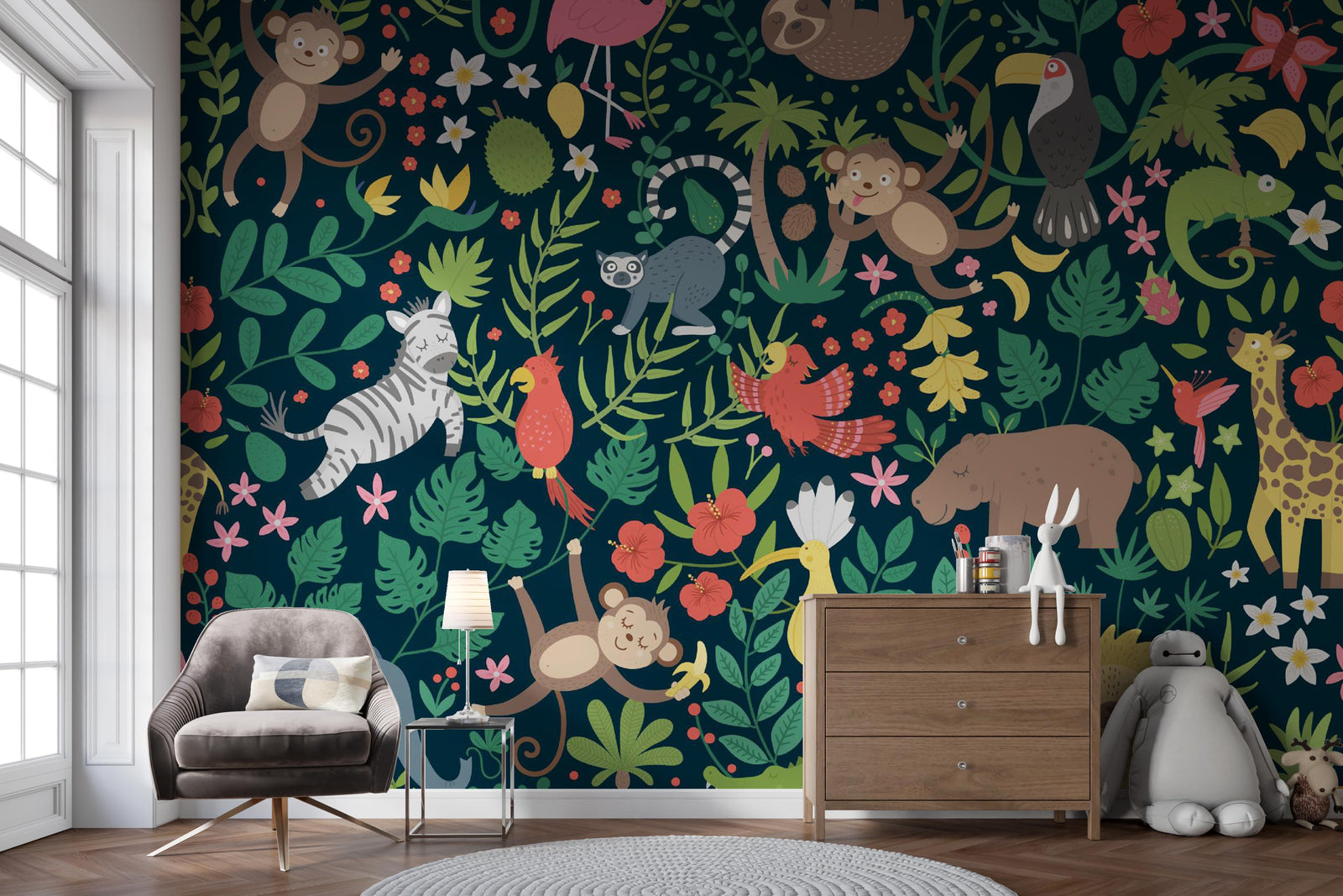 Children's room with jungle-themed wallpaper featuring animals and plants.