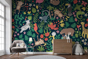 Children's room with jungle-themed wallpaper featuring animals and plants.