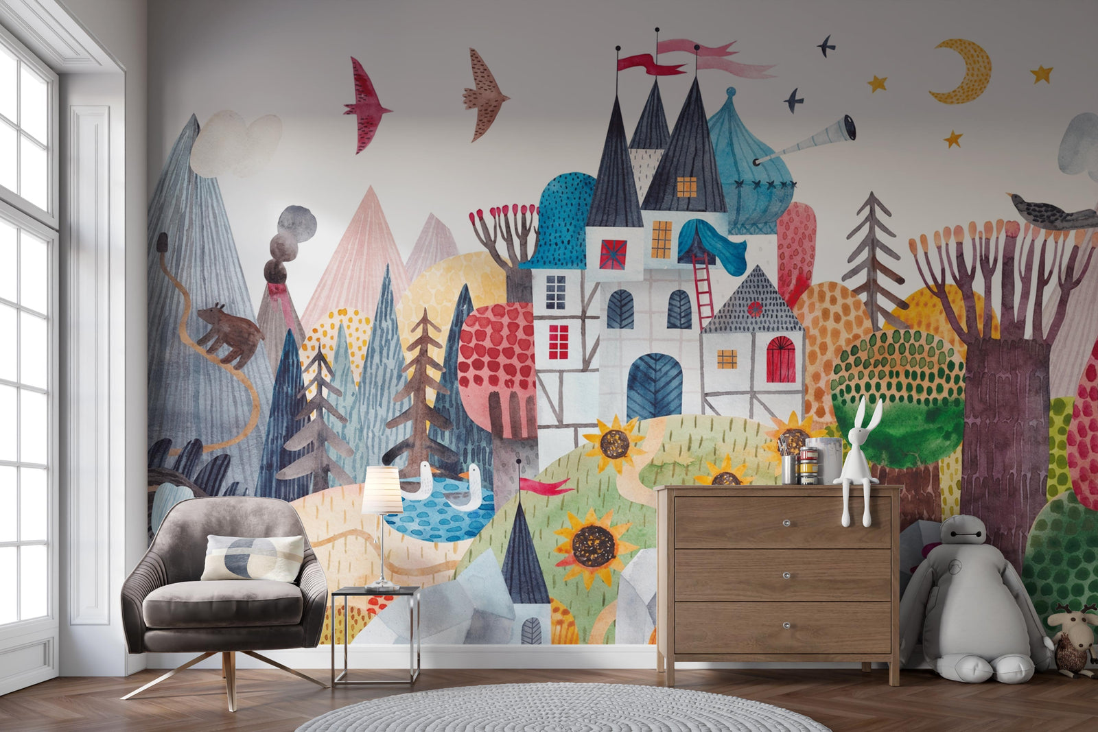 Children's room with colorful mural featuring houses, trees, and animals.