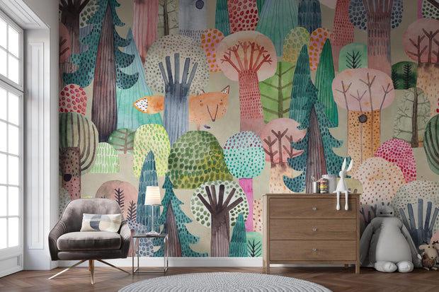 Colorful forest mural in a room with furniture and decor.