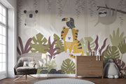 Children's room with sloth, toucan, and tiger wall mural on a light gray wall.