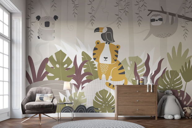 Children's room with sloth, toucan, and tiger wall mural on a light gray wall.
