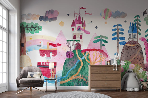 Children's room with colorful wall mural featuring a castle and nature elements.