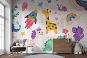 Children's room with colorful animal-themed wallpaper and furniture.