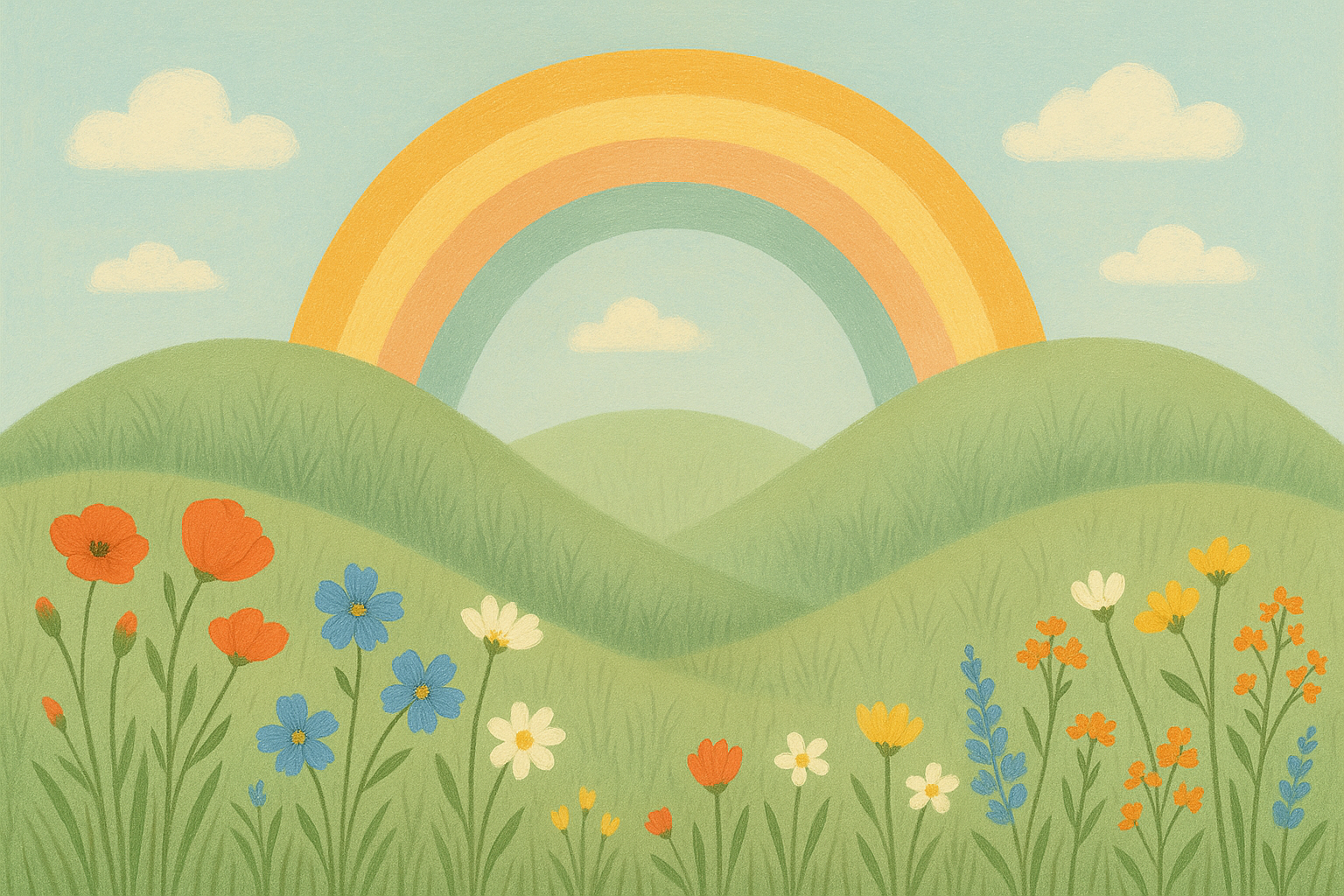 Flat artwork of the rainbow meadow mural featuring hills, wildflowers, clouds, and colorful rainbow.