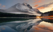 Escape into nature with the Majestic Mountain Lake Wall Mural. Featuring a serene mountain reflection at sunset, perfect for bedrooms and living spaces.