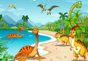 Colorful dinosaur adventure wall mural featuring friendly prehistoric dinosaurs, tropical landscapes, and a bright blue sky, perfect for kid's bedrooms and playrooms.