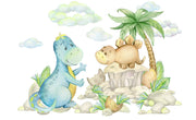 Cute dinosaur wall mural with watercolor-style dinosaurs, tropical plants, and soft pastel clouds, perfect for nurseries, kids' bedrooms, and playrooms.