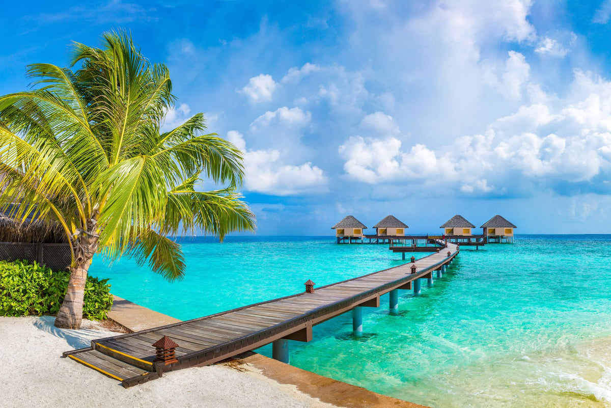 Tropical paradise wall mural with overwater bungalows, palm trees, turquoise sea, and a wooden pier, creating a serene and exotic room atmosphere.