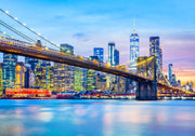 New York City Brooklyn Bridge wall mural featuring the Manhattan skyline at twilight. 
