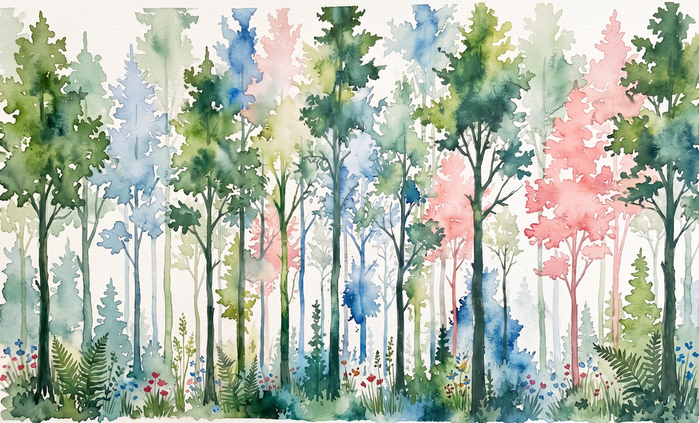 Watercolor illustration of a forest with colorful trees and plants.
