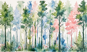 Watercolor illustration of a forest with colorful trees and plants.