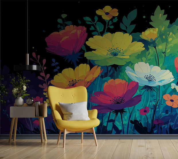 Yellow armchair in front of a vibrant floral wall mural with a dark background.
