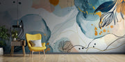 Absract floral wall mural decorating a living room.