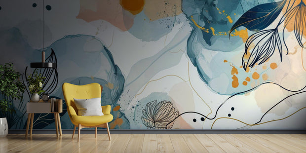 Absract floral wall mural decorating a living room.