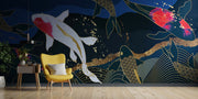 Luxury Japanese Koi Fish Wall Mural – Elegant Gold & Navy Wallpaper with Flowing Koi Fish and Zen-Inspired Design for Sophisticated Interiors.