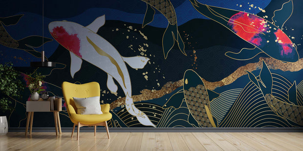 Luxury Japanese Koi Fish Wall Mural – Elegant Gold & Navy Wallpaper with Flowing Koi Fish and Zen-Inspired Design for Sophisticated Interiors.