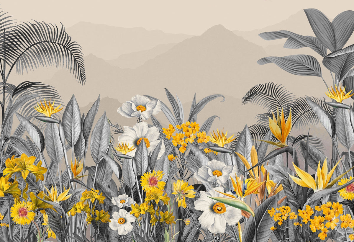 Modern tropical botanical wall mural with grayscale jungle leaves, vibrant yellow flowers, and a misty mountain backdrop in a cozy bedroom setting.