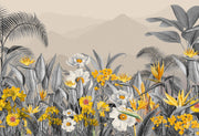 Modern tropical botanical wall mural with grayscale jungle leaves, vibrant yellow flowers, and a misty mountain backdrop in a cozy bedroom setting.
