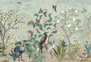 Hand-painted wall mural with exotic birds, lush green foliage, and delicate floral details, creating a tropical-inspired and sophisticated interior décor.