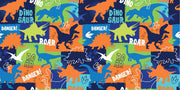 Colorful dinosaur themed wall mural featuring vibrant dinosaur silhouettes, footprints and phrases like "ROAR" and "DANGER," .