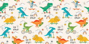 Vibrant dinosaur-themed wall mural with playful dinosaurs riding scooters, skateboards and bikes.