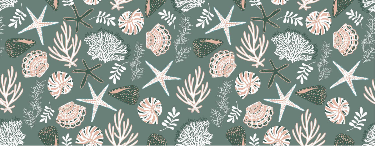 Coastal wall mural featuring starfish, seashells, coral reefs and marine plants in soft pastel tones on a muted green background.