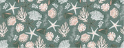 Coastal wall mural featuring starfish, seashells, coral reefs and marine plants in soft pastel tones on a muted green background.