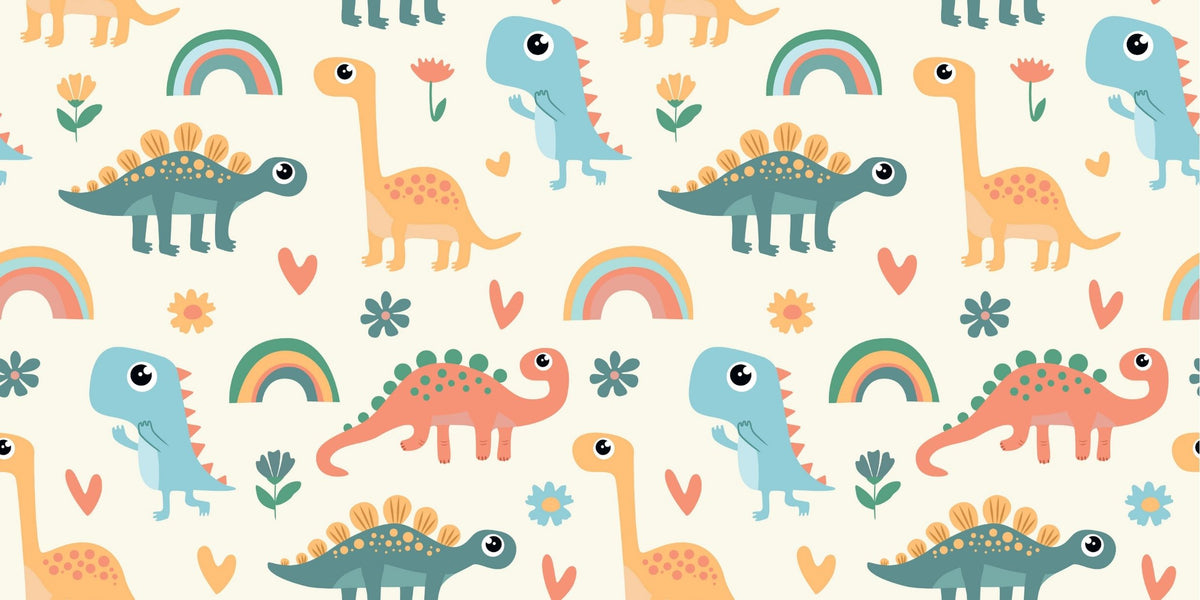 Playful dinosaur-themed wall mural with colorful cartoon dinosaurs, rainbows and flowers.