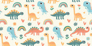 Playful dinosaur-themed wall mural with colorful cartoon dinosaurs, rainbows and flowers.
