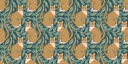Whimsical wall mural featuring orange cats surrounded by green leaves.