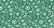 Green soccer-themed wall mural with motivational words, soccer balls and dynamic graphics.