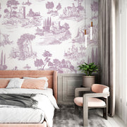 Toile de Jouy wall mural with delicate French countryside scenes in classic vintage style.