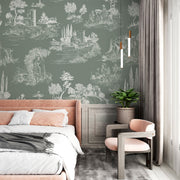 Timeless Toile Wall Mural featuring intricate pastoral illustrations on a muted green background, creating a vintage and elegant ambiance.