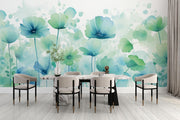Watercolor floral wall mural featuring soft blue and green flowers in a delicate, hand-painted style, in a modern dinning room.