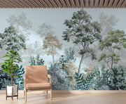 Hand-painted forest landscape wall mural with soft greens and layered trees, creating a tranquil and elegant nature-inspired interior.