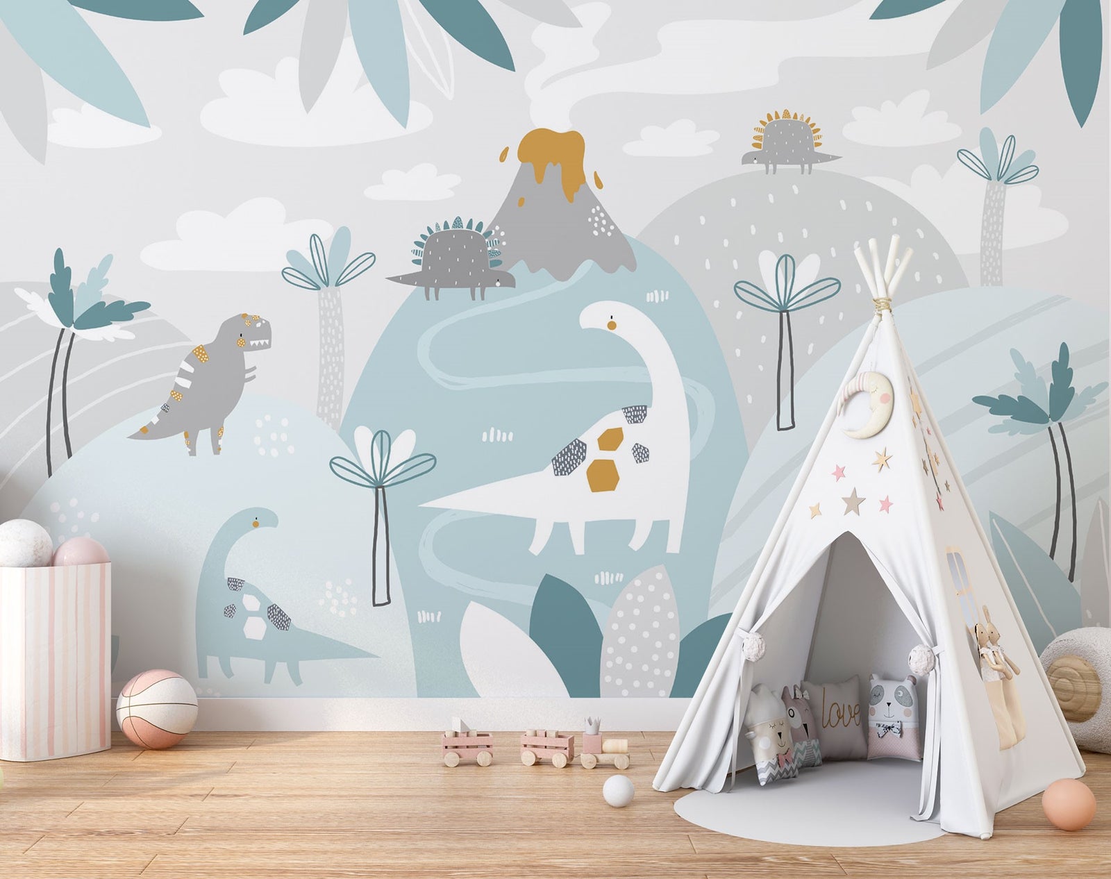 Pastel dinosaur wall mural with friendly dinosaurs, volcano, and soft greenery in muted colors, ideal for decorating nurseries, playrooms, and kids’ bedrooms.
