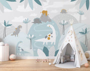 Pastel dinosaur wall mural with friendly dinosaurs, volcano, and soft greenery in muted colors, ideal for decorating nurseries, playrooms, and kids’ bedrooms.