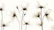 Elegant transparent floral wall mural with delicate, translucent flowers in soft neutral tones, perfect for modern minimalist interior decor.