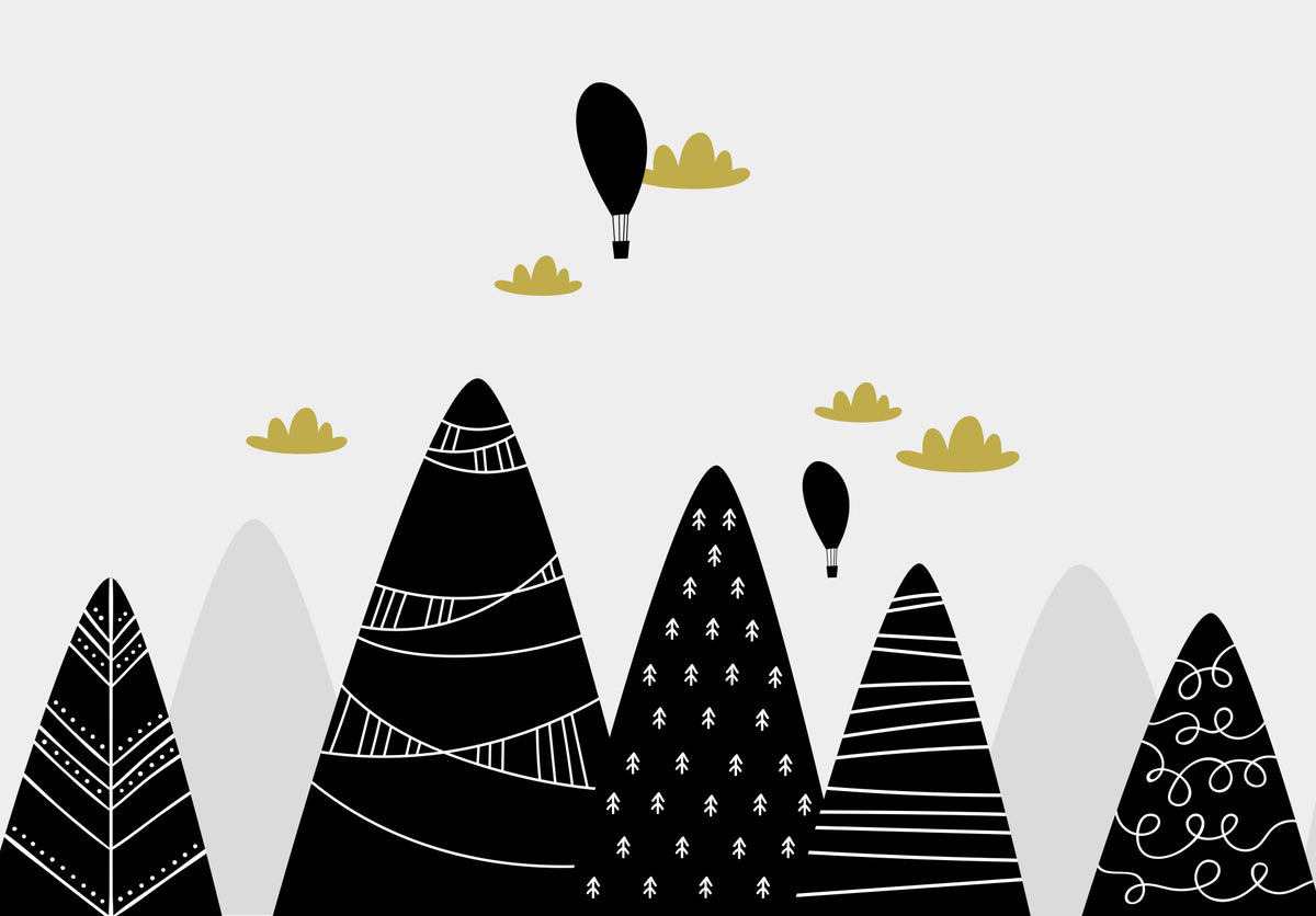 Cartoon mountains and hot air balloons wall mural image 1