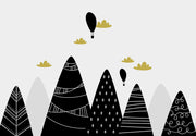 Cartoon mountains and hot air balloons wall mural image 1