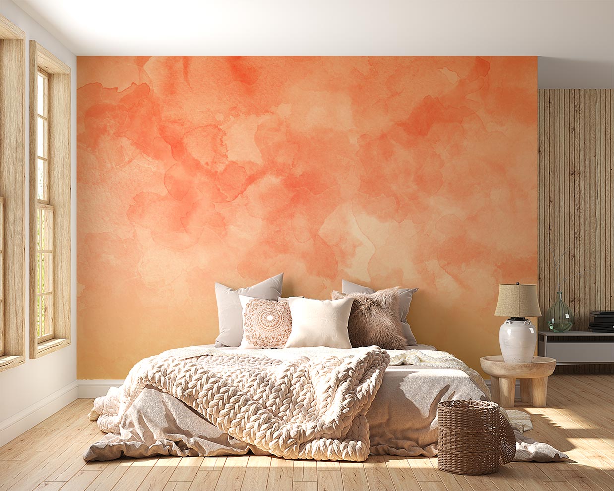 Washed Orange Wallpaper Mural decorating a bedroom.