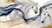 Artistic white horses wall mural featuring flowing manes, brushstroke design, and neutral beige, gold, and charcoal tones.