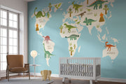 Dinosaur world map wall mural featuring illustrated dinosaurs on different continents, set against a blue background, perfect for kid's rooms and playrooms.