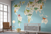 Dinosaur world map wall mural featuring illustrated dinosaurs on different continents, set against a blue background, perfect for kid's rooms and playrooms.