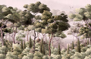 Serene Woodland Wall Mural depicting a lush forest with misty trees in soft green tones, perfect for creating a tranquil bedroom atmosphere.