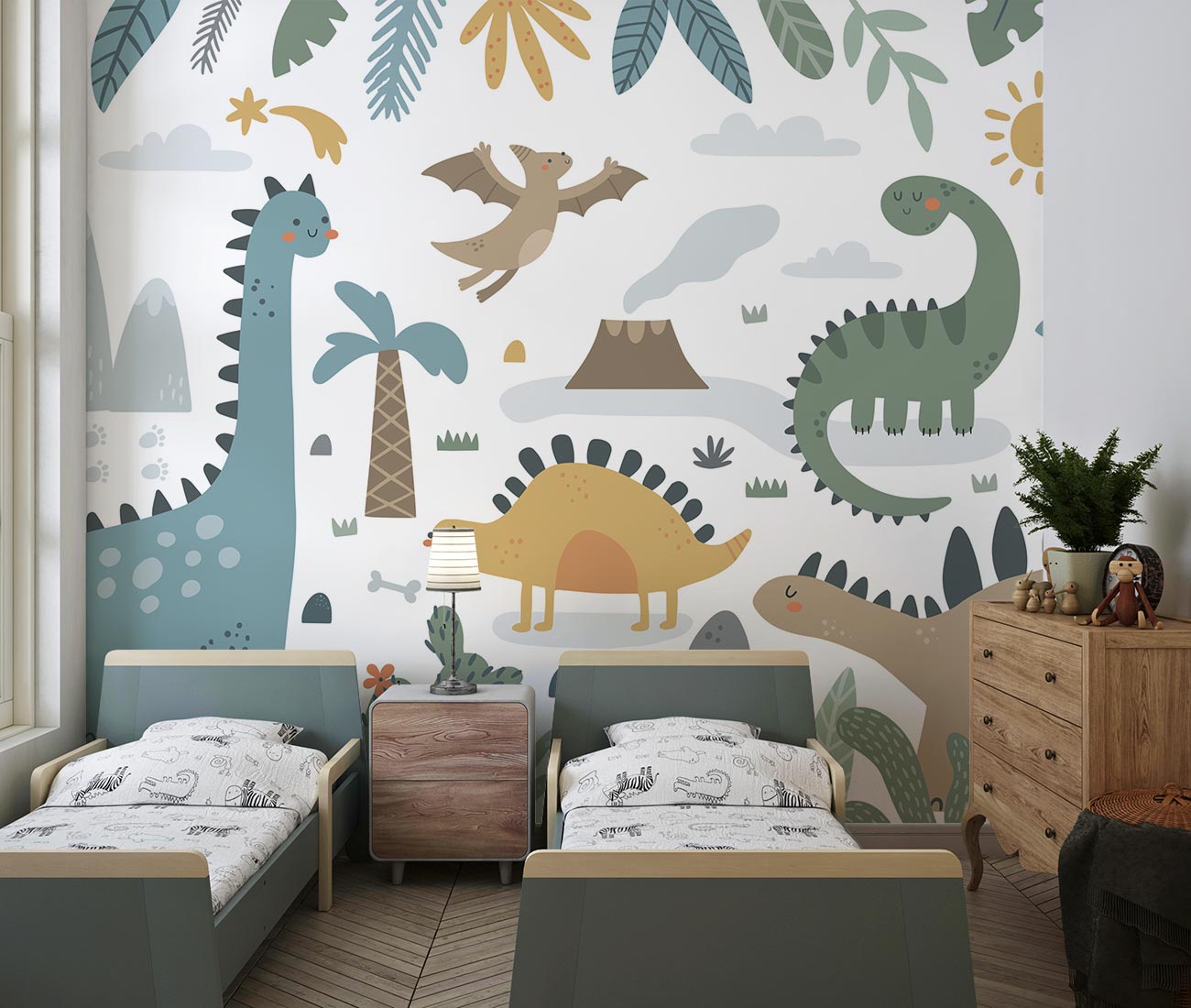 Scandinavian dinosaur wall mural featuring minimalist dinosaurs, plants, and volcanoes in soft muted tones, perfect for modern nurseries and kids’ rooms.